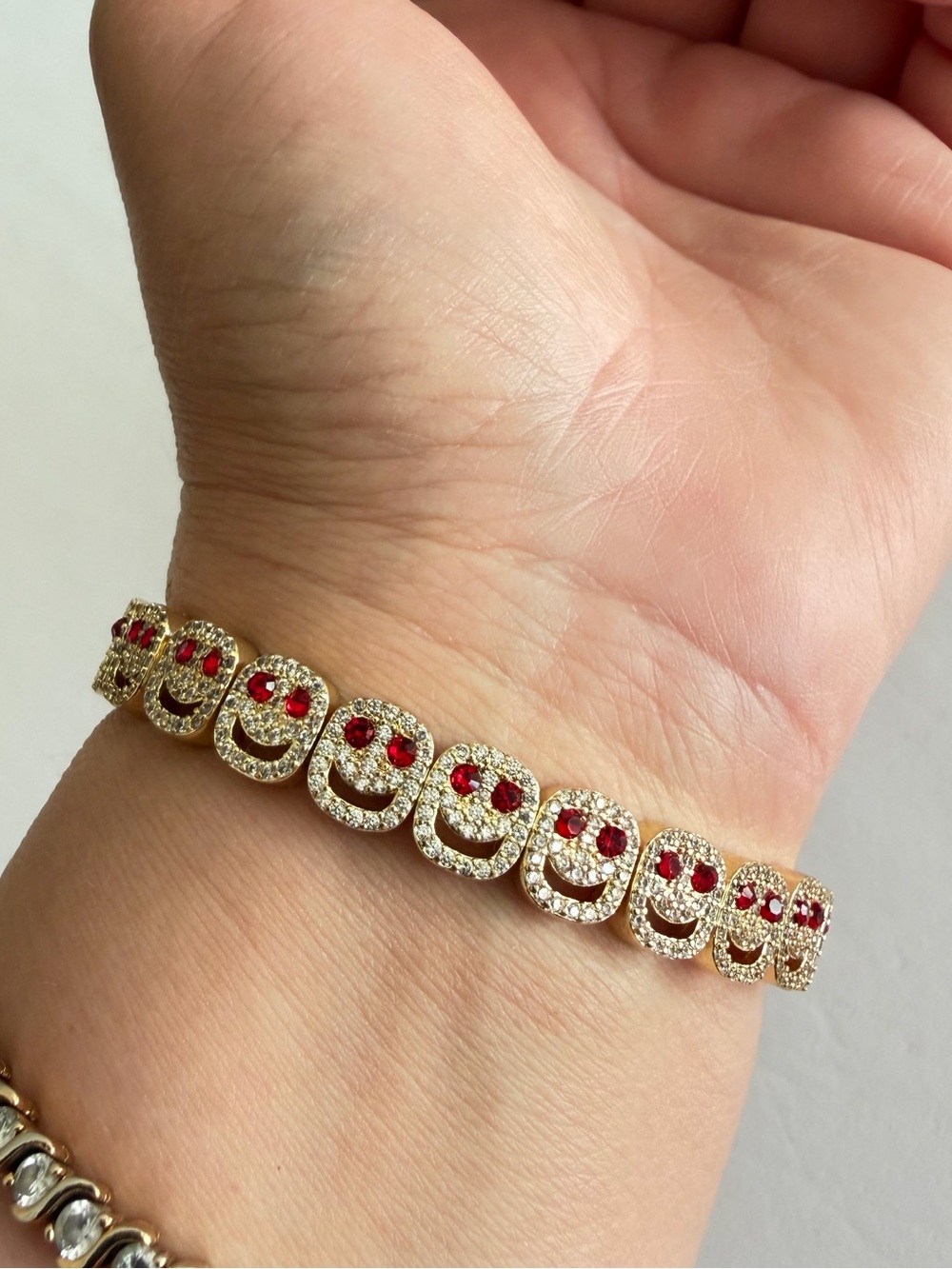 Gold Smiley Bracelet with Red Crystal Eyes - Women Jewelry
